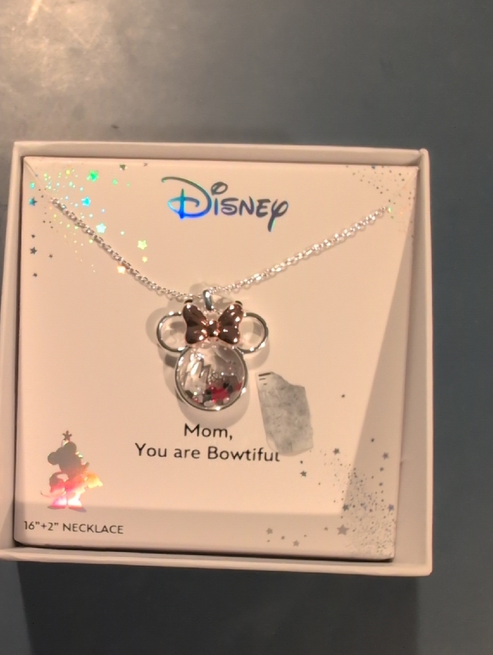 Disney Silver Necklace with Rose Gold Minnie Bow Pendant